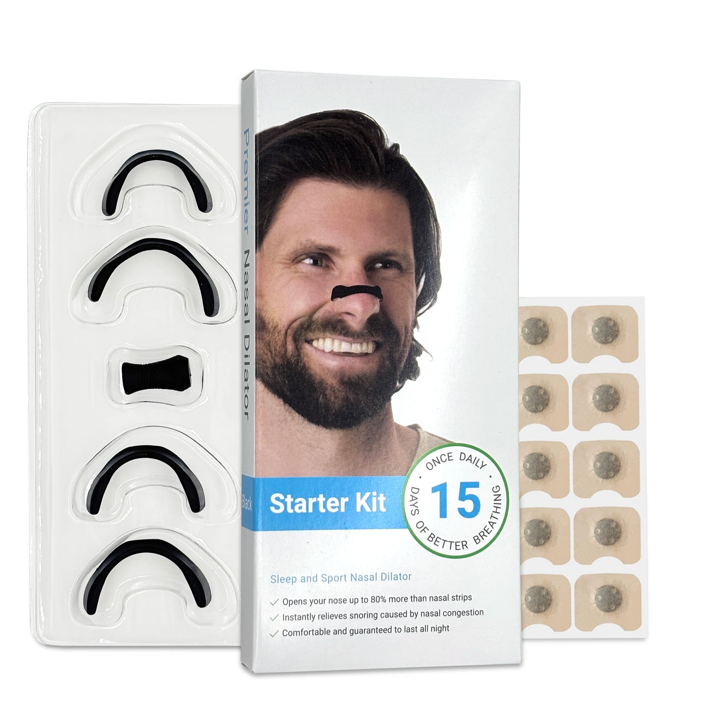 15 pairs magnetic nasal breathing dilators kit with applicator and intake bands, anti-snore nose clips for improved oxygen intake and better sleep.