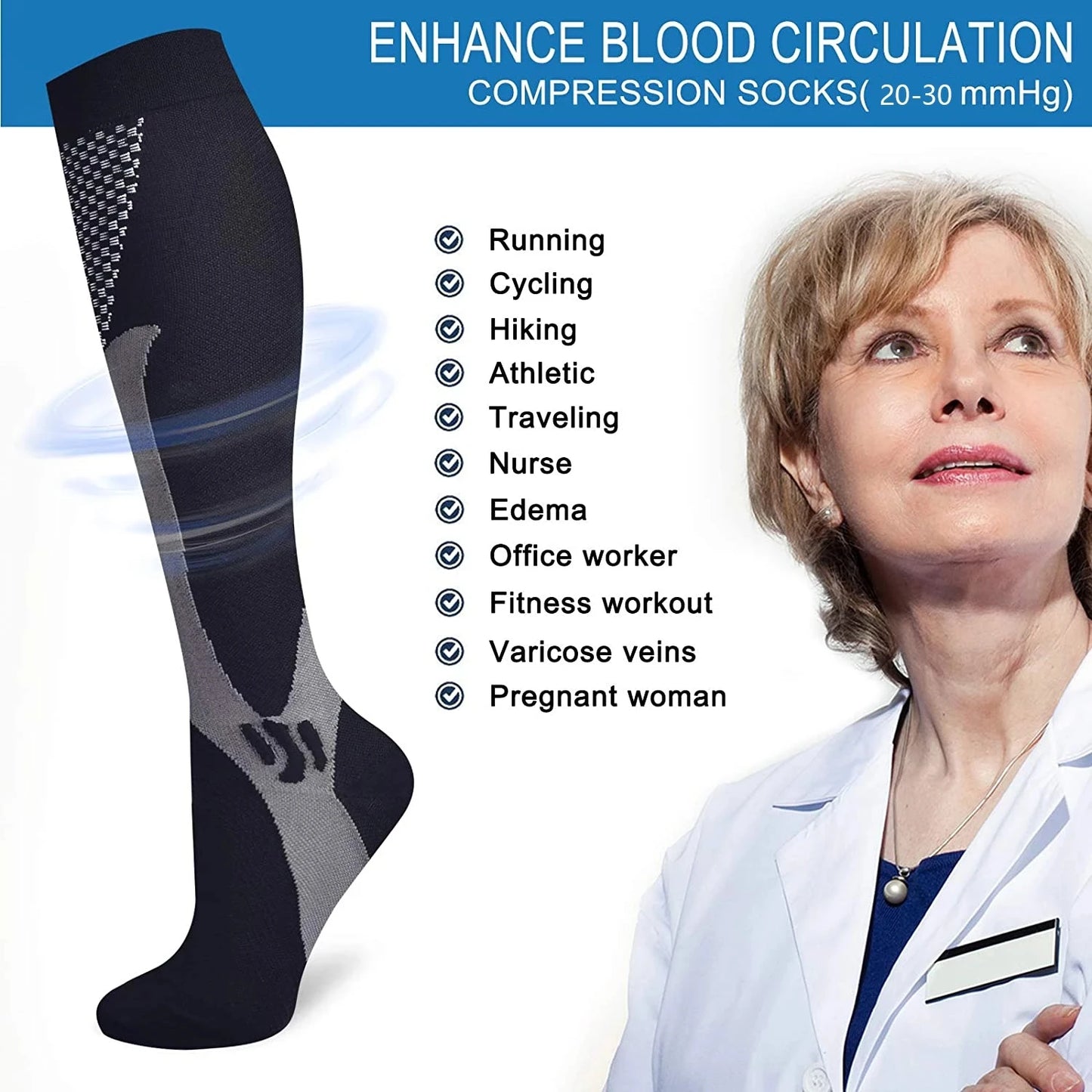 Unisex Compression Socks 20-30mmHg - Knee-High Anti-Fatigue & Pain Relief Socks for Running, Football & Sports