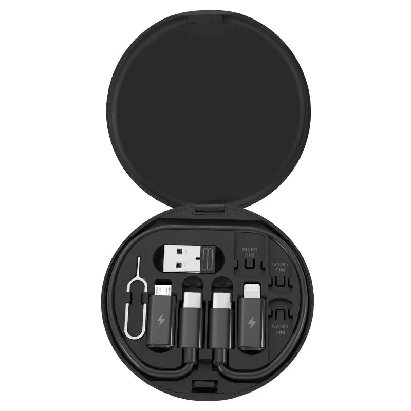 Multi USB Type C to C 60W charging adapter cable kit with USB A, Android and iOS adapters, SIM card slots, and phone holder in black and white.