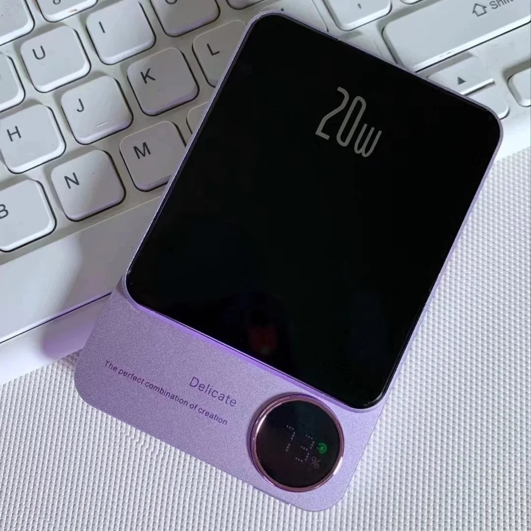 Portable 10000mAh wireless magnetic power bank with fast charging, LCD display, Magsafe compatibility for iPhone and Samsung devices.