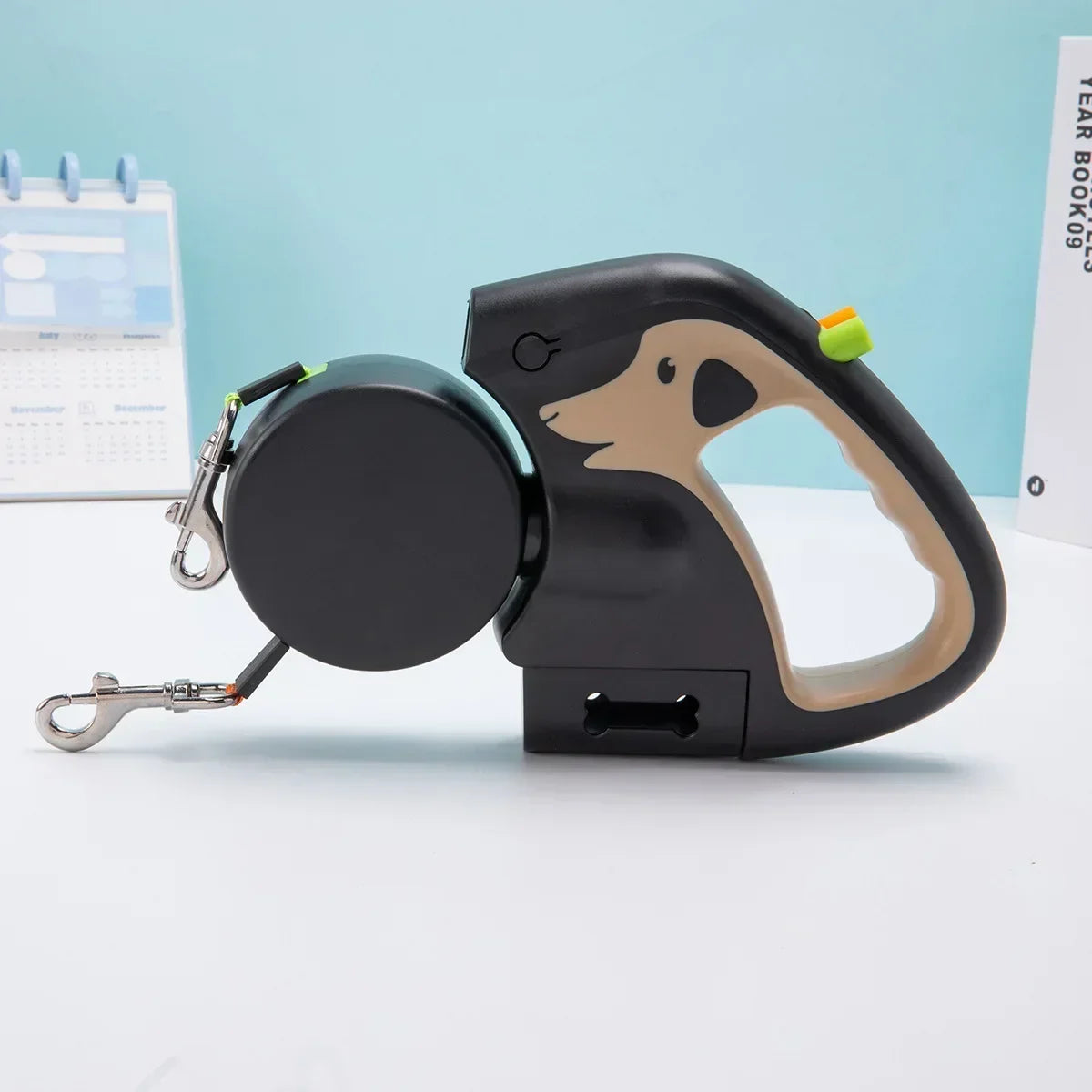 Retractable Double Dog Leash – 360° Swivel No-Tangle Leash with LED Flashlight & Poop Bag Holder