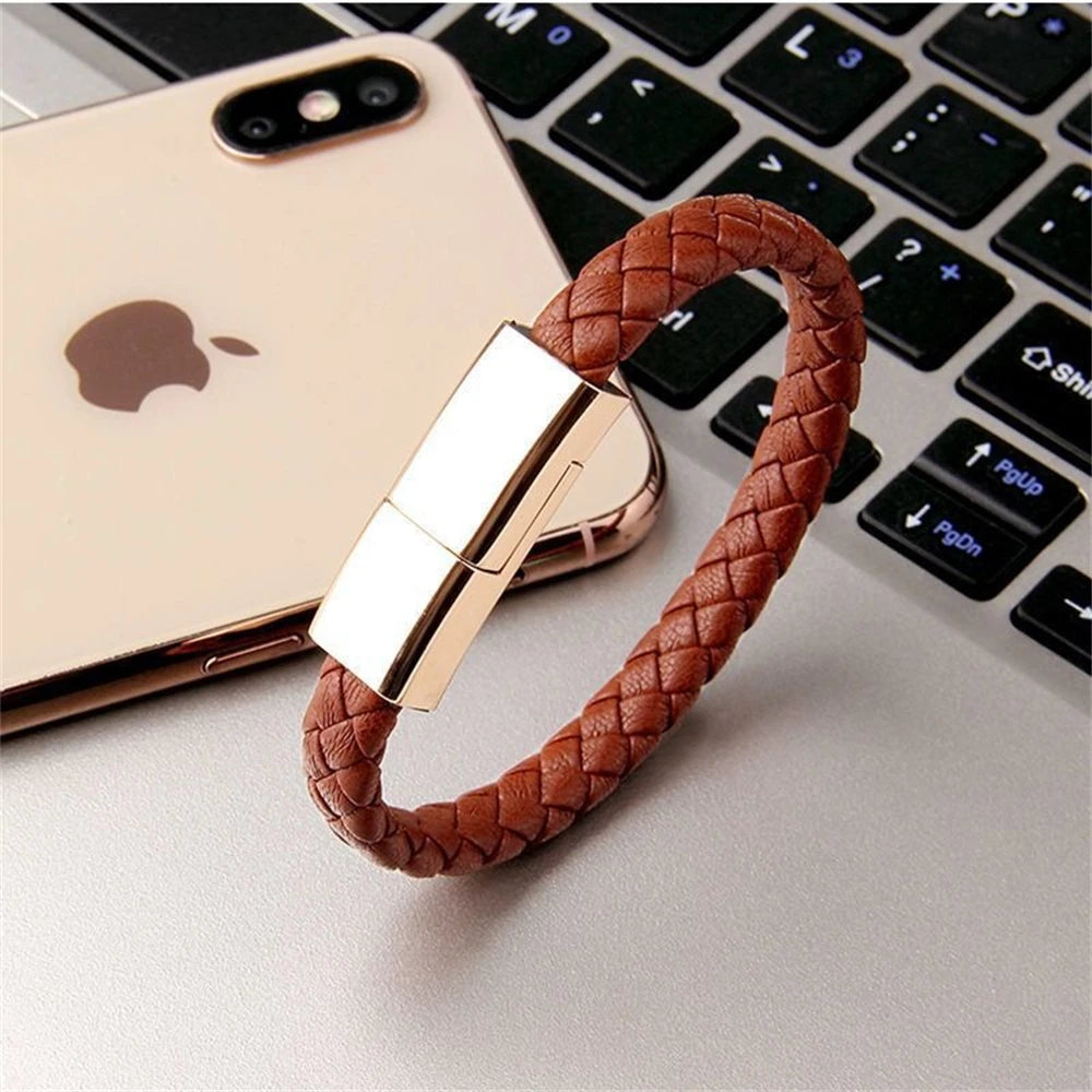 Leather Charging Cable Bracelet – USB Data Cable Wristband for Android & iPhone
