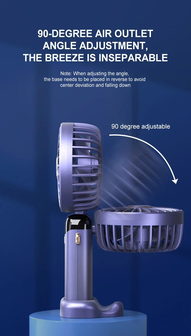 Foldable Mini Fan – 3000mAh USB Rechargeable | 5-Speed Handheld, Desk, Neck Hanging with Display & Phone Stand