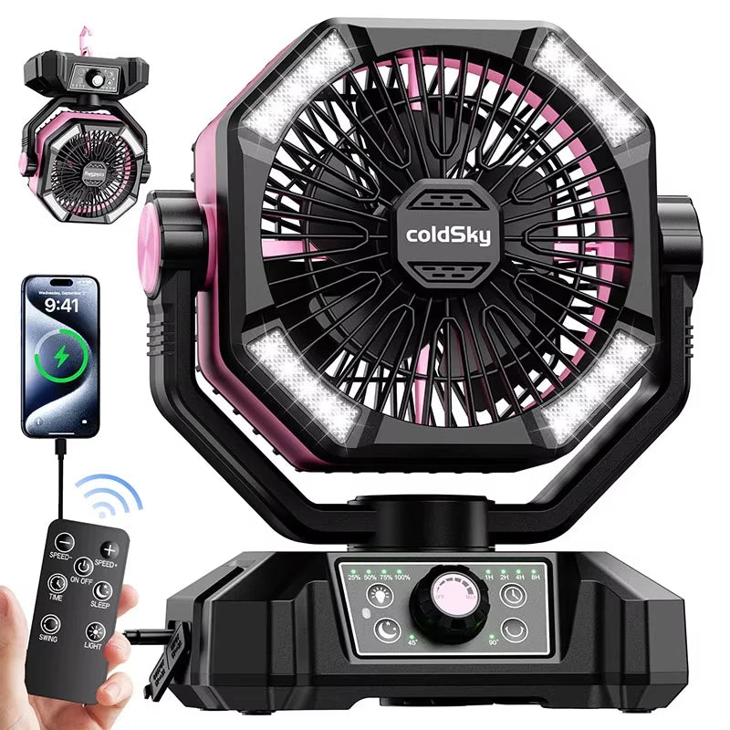 ColdSky Portable Camping Fan with 4 LED Lantern, 8 Speeds, 20000mAh Rechargeable Battery – Outdoor & Emergency Use