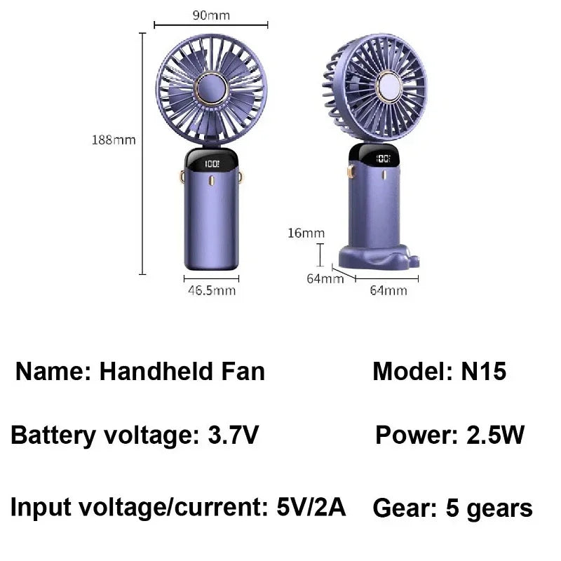 Foldable Mini Fan – 3000mAh USB Rechargeable | 5-Speed Handheld, Desk, Neck Hanging with Display & Phone Stand