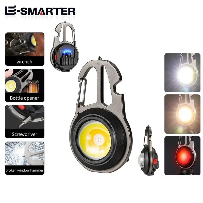 Mini multifunctional LED keychain flashlight with magnetic base, COB light, and emergency tools
