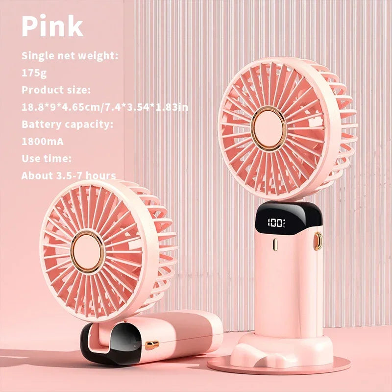 Foldable Mini Fan – 3000mAh USB Rechargeable | 5-Speed Handheld, Desk, Neck Hanging with Display & Phone Stand