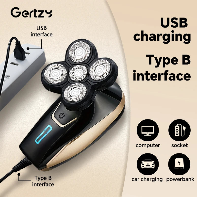 Men's 5-in-1 Bald Head & Beard Trimmer - USB Rechargeable, Smooth Shaving, Stainless Steel Blades, Rotary Shaver