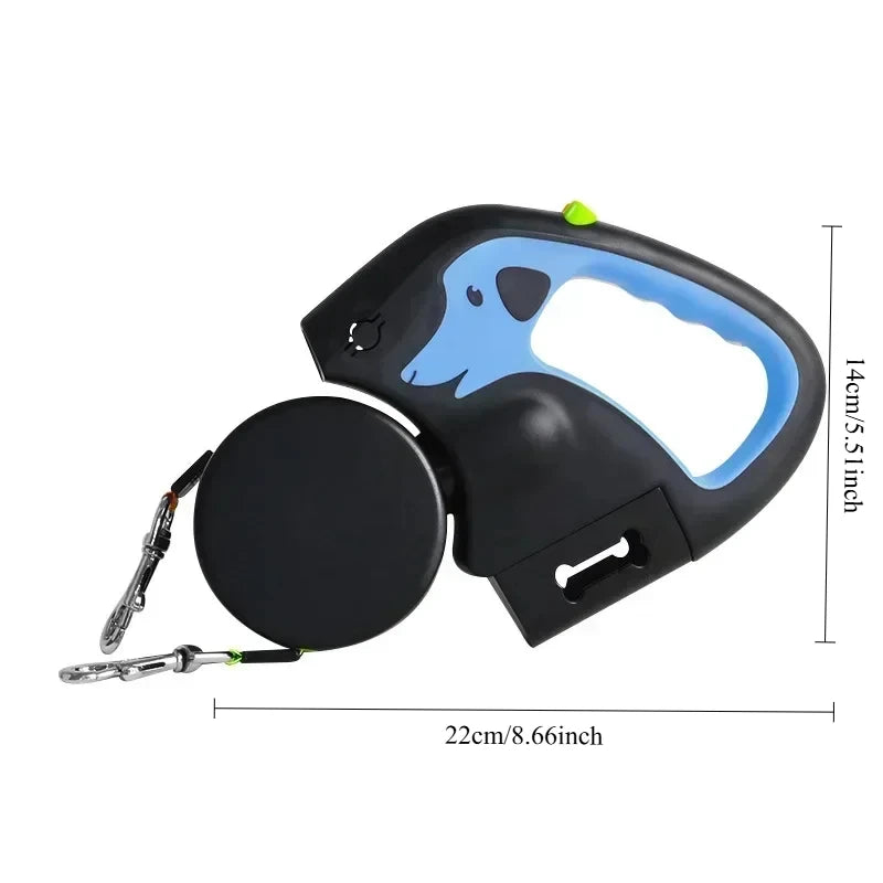 Retractable Double Dog Leash – 360° Swivel No-Tangle Leash with LED Flashlight & Poop Bag Holder