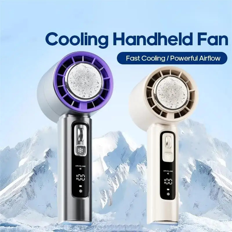 Two cooling handheld fans with digital displays against a mountainous background. Portable handheld USB rechargeable fan with semiconductor cooling technology and LED display showing speed and battery status