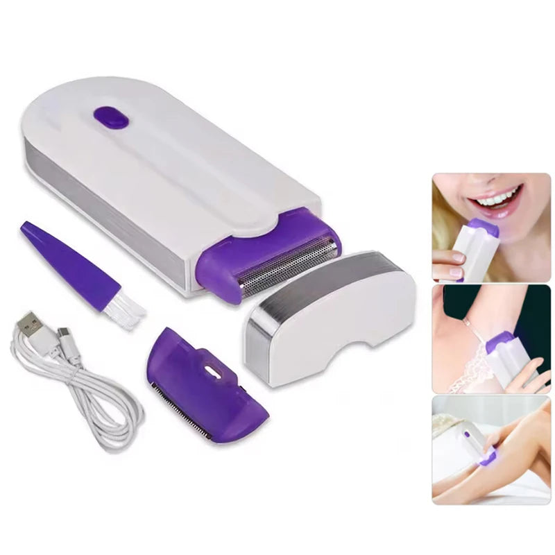 White rechargeable painless laser hair remover for women with LED light for face, bikini, legs, and underarms
