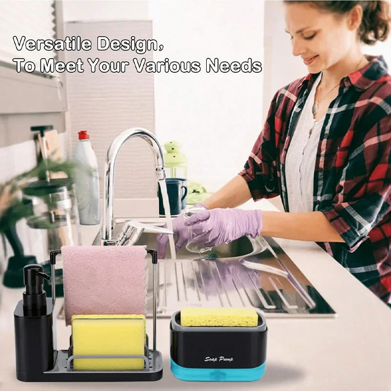 Multi-Functional Soap Dispenser Set with Sponge, Brush & Dishcloth Holder – 2-in-1 Kitchen Sink Organizer