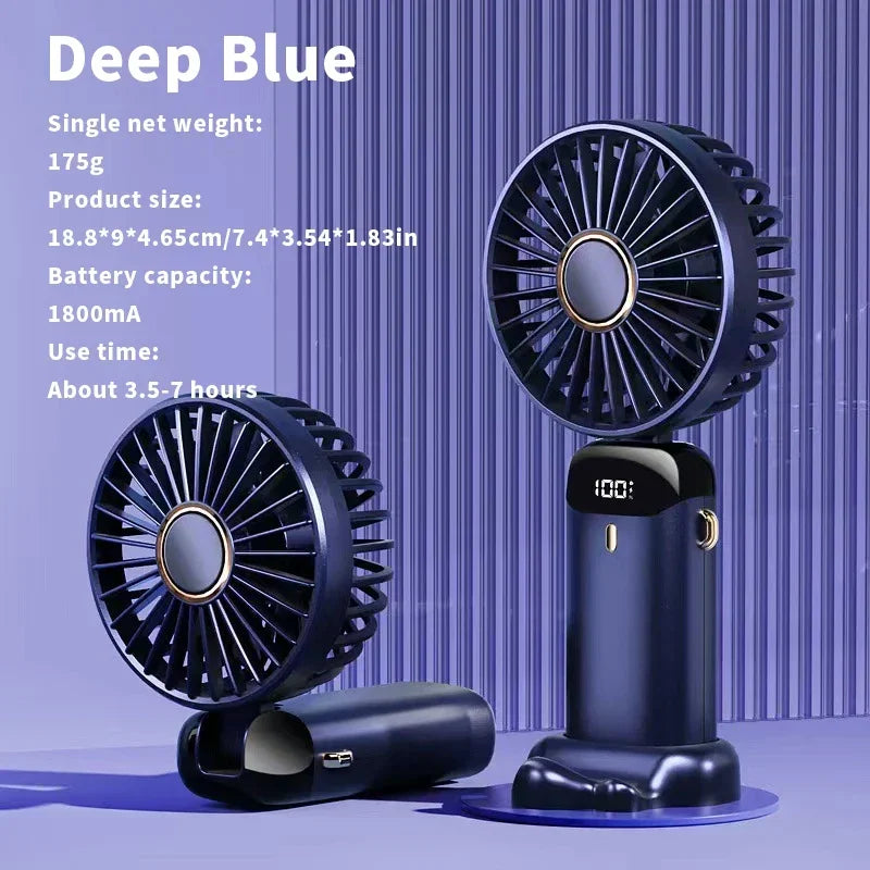 Foldable Mini Fan – 3000mAh USB Rechargeable | 5-Speed Handheld, Desk, Neck Hanging with Display & Phone Stand