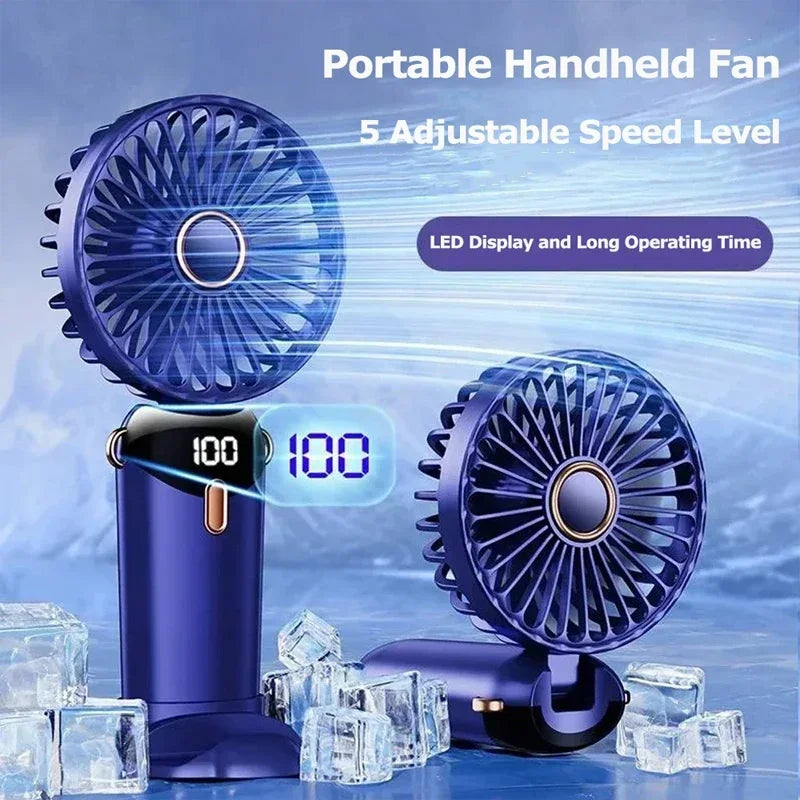 Foldable Mini Fan – 3000mAh USB Rechargeable | 5-Speed Handheld, Desk, Neck Hanging with Display & Phone Stand