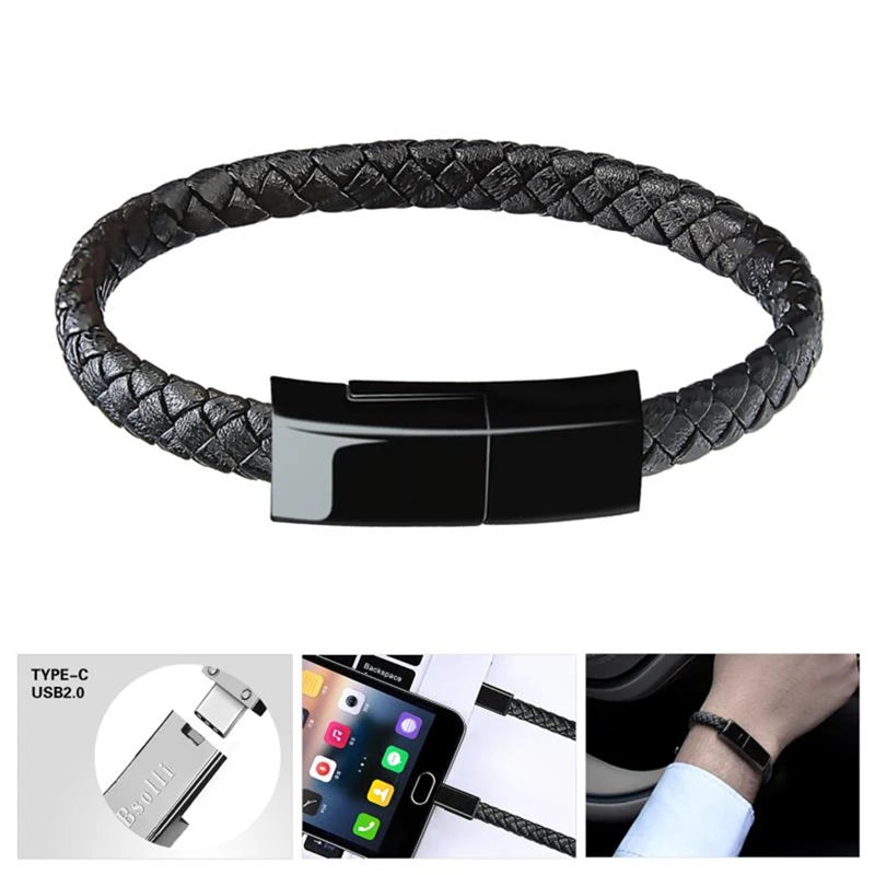 Leather Charging Cable Bracelet – USB Data Cable Wristband for Android & iPhone