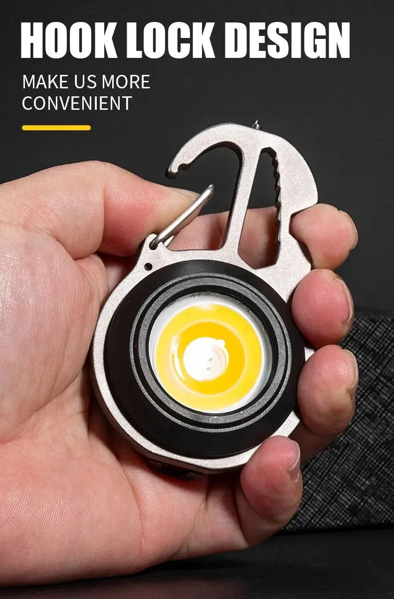 Hand holding a keychain lock with a hook design, featuring text about convenience.