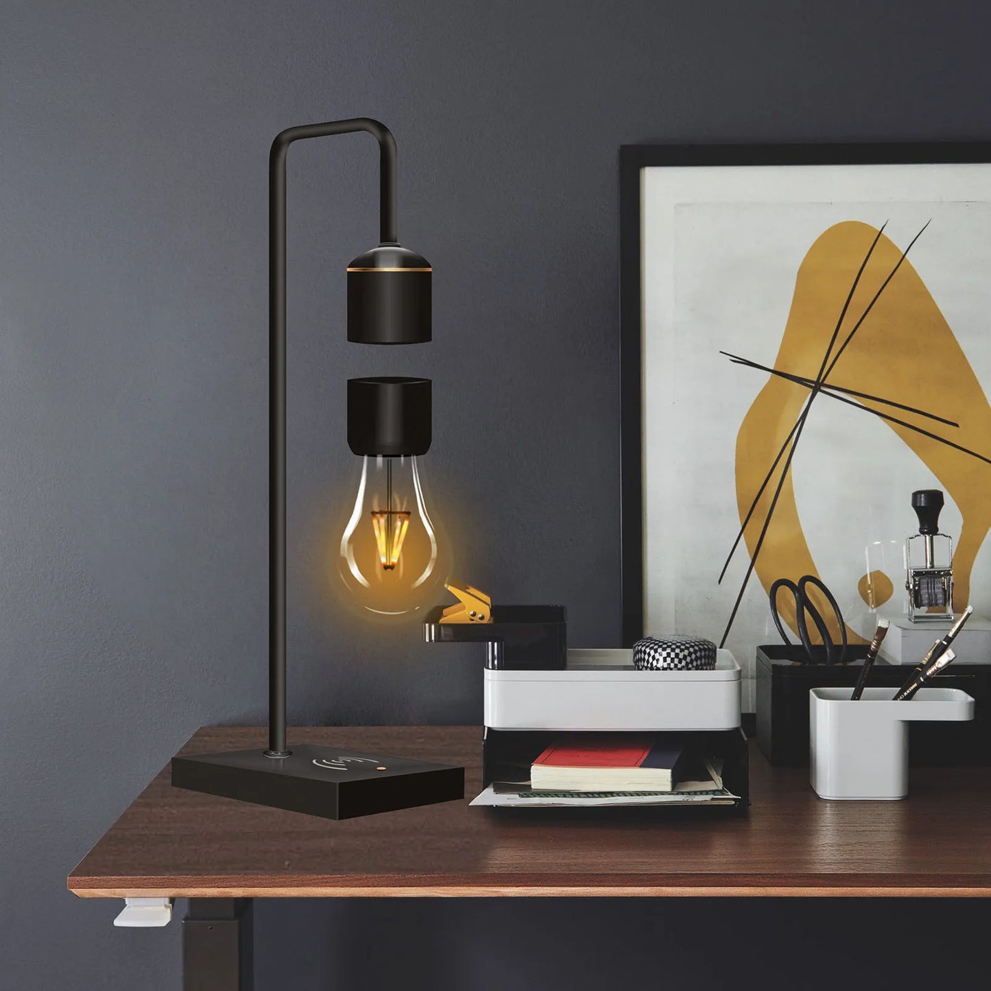 Magnetic Levitating Light Bulb – Wireless Floating LED Desk Lamp with Wood Base (Warm White)