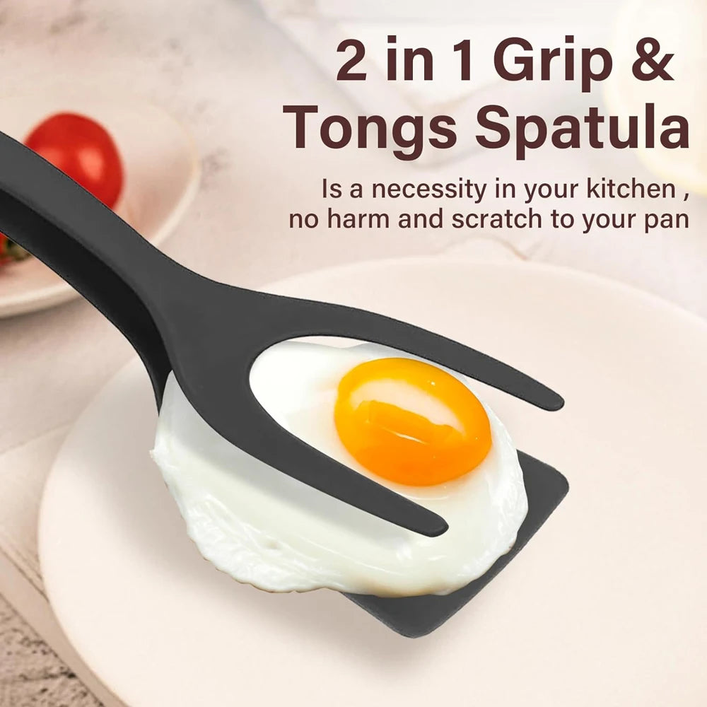 2-in-1 Grip Flip Spatula Tongs – Non-Stick Nylon Cooking Tool for Eggs, Pancakes, Omelets, Fish, and More