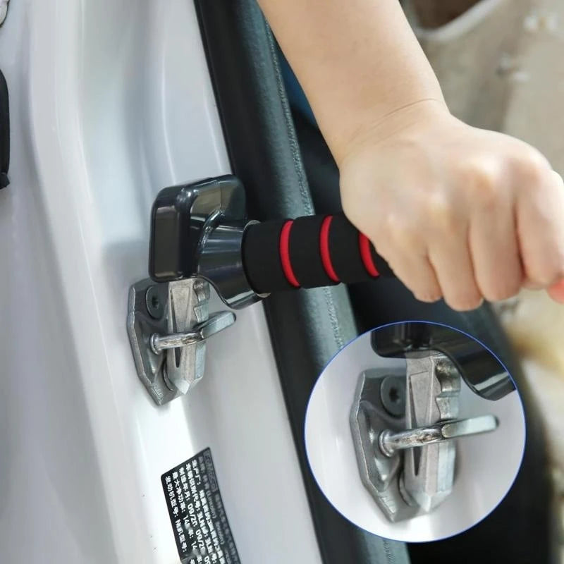 Hand holding a car door handle lock with a close-up inset showing the mechanism. Car Door Assist Handle for Elderly & Disabled - Portable Vehicle Support Handle & Escape Tool