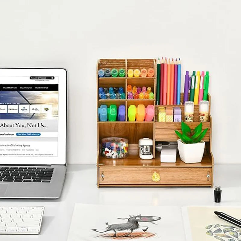 Wooden Desk Organizer with Drawer – Large Capacity Pen & Stationery Holder for Office & Home