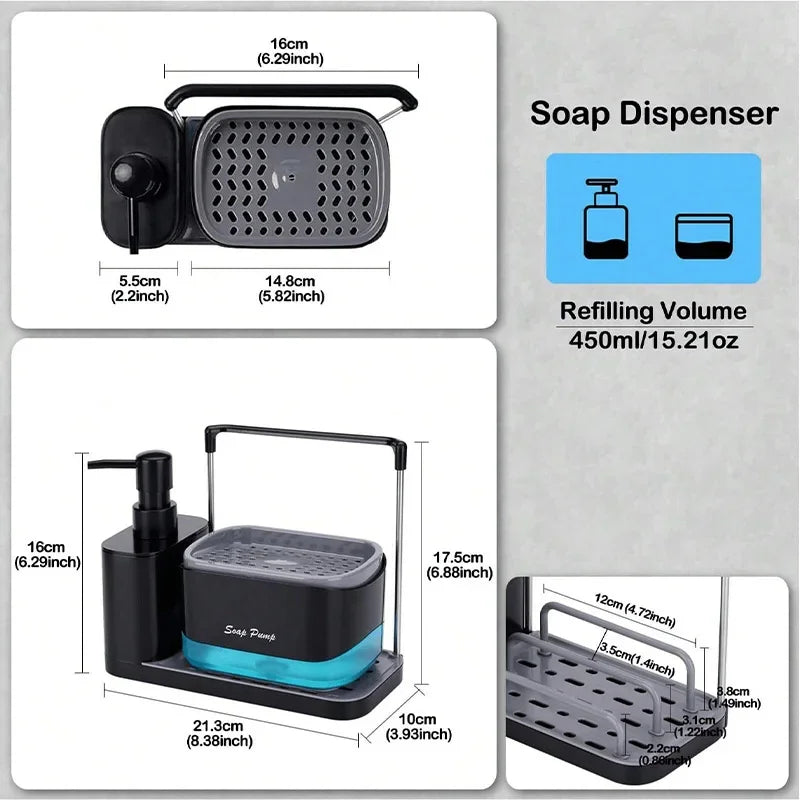 Multi-Functional Soap Dispenser Set with Sponge, Brush & Dishcloth Holder – 2-in-1 Kitchen Sink Organizer