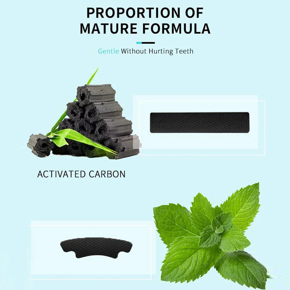 Diagram showing activated carbon and mint leaves with text about proportion of mature formula.