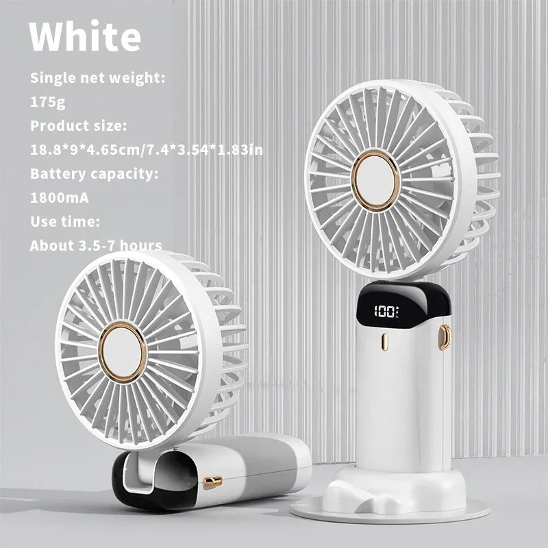 Foldable Mini Fan – 3000mAh USB Rechargeable | 5-Speed Handheld, Desk, Neck Hanging with Display & Phone Stand