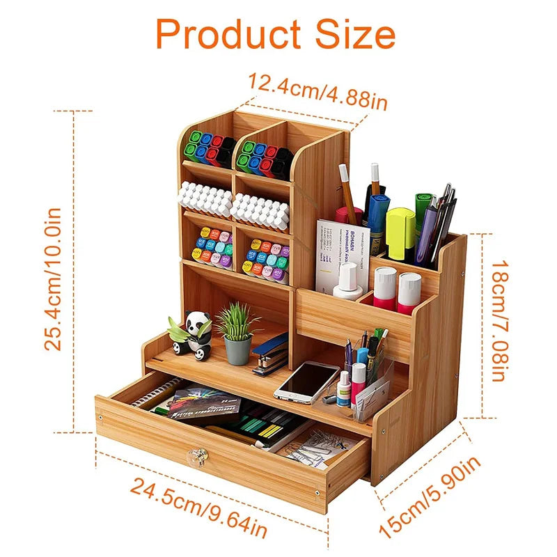 Wooden Desk Organizer with Drawer – Large Capacity Pen & Stationery Holder for Office & Home