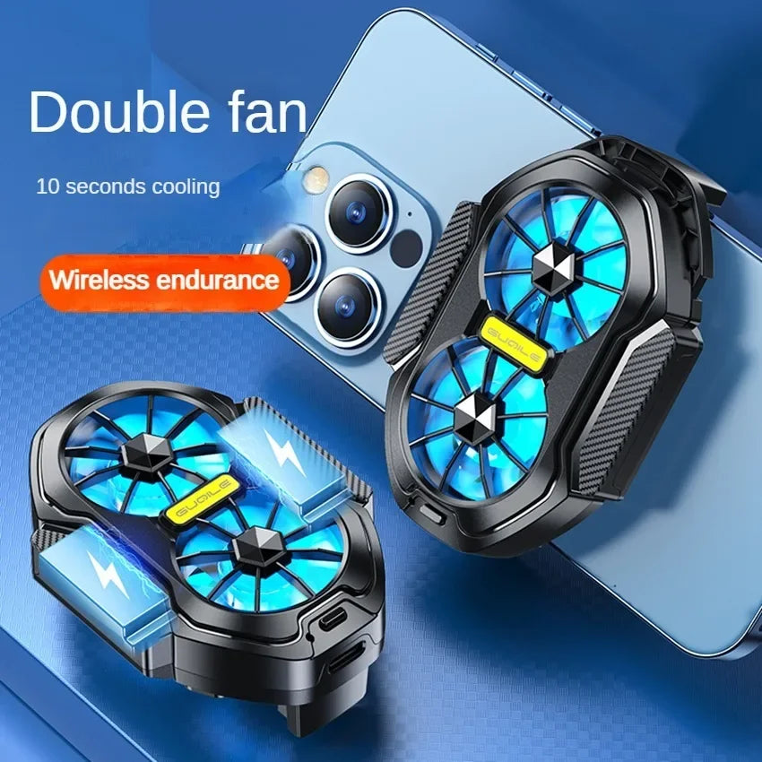 Dual Fan Phone Cooler – Universal Rechargeable Mobile Phone Ice Cooling Fan with Strong Airflow & Long-Lasting Battery
