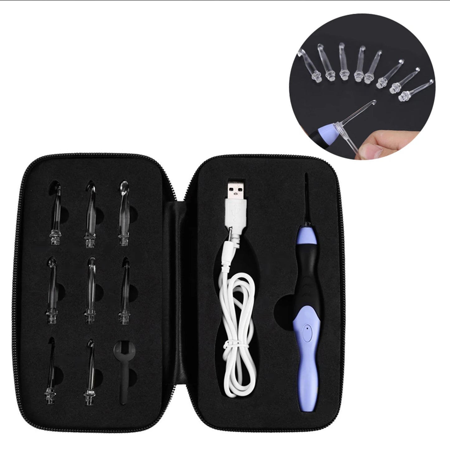 USB Rechargeable LED Crochet Hook Set – 9 Light-Up Hooks (2.5-6.5mm) with Bag, Tips & Charging Cable
