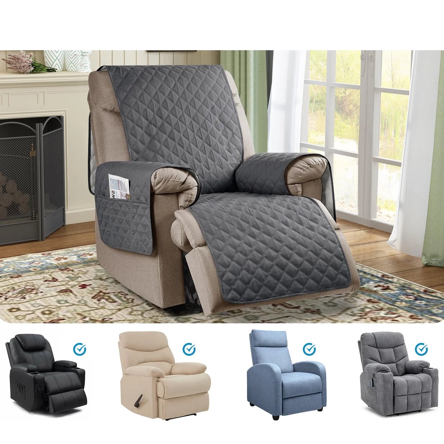 Waterproof Recliner Sofa Cover with Side Pockets - Solid Color, Removable, Machine Washable Furniture Protector for Living Room
