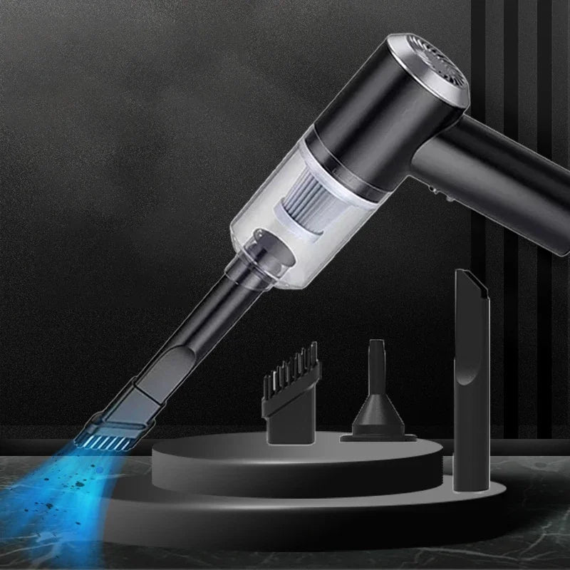 Black and silver handheld vacuum cleaner with attachments on a dark background. Wireless Portable Handheld Car Vacuum Cleaner with Strong Suction and Accessories for Car and Home