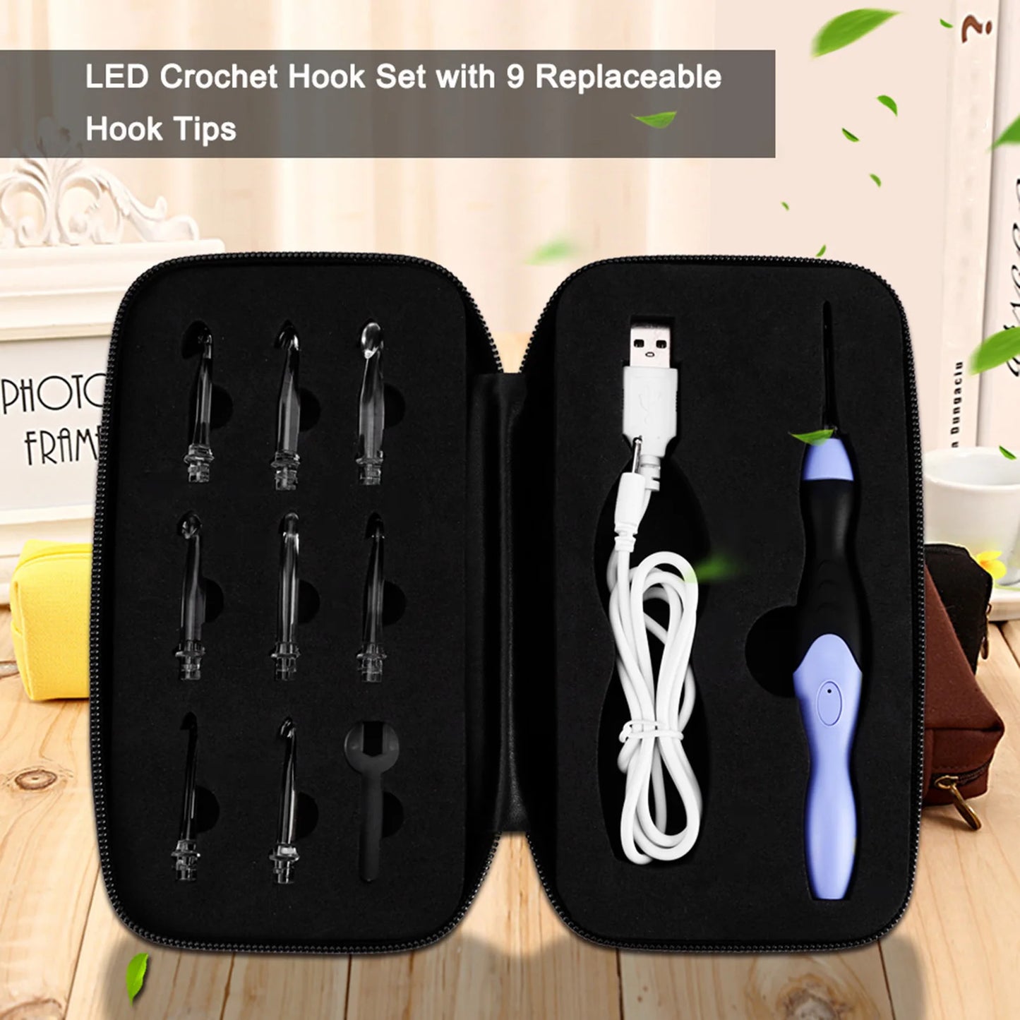 USB Rechargeable LED Crochet Hook Set – 9 Light-Up Hooks (2.5-6.5mm) with Bag, Tips & Charging Cable