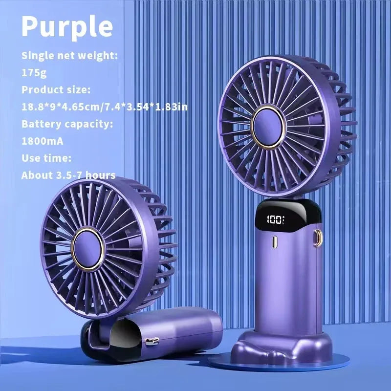 Foldable Mini Fan – 3000mAh USB Rechargeable | 5-Speed Handheld, Desk, Neck Hanging with Display & Phone Stand