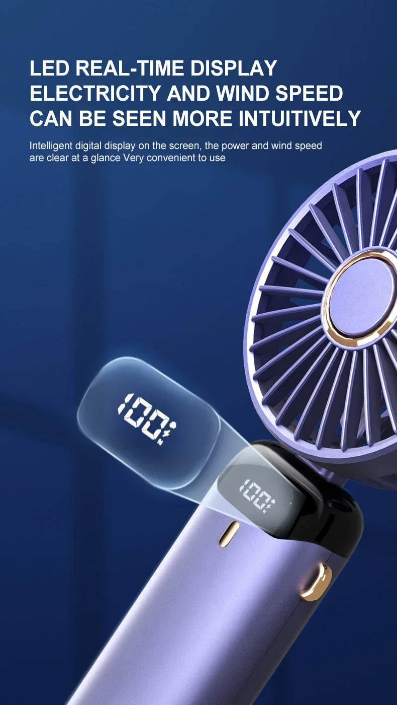 Foldable Mini Fan – 3000mAh USB Rechargeable | 5-Speed Handheld, Desk, Neck Hanging with Display & Phone Stand