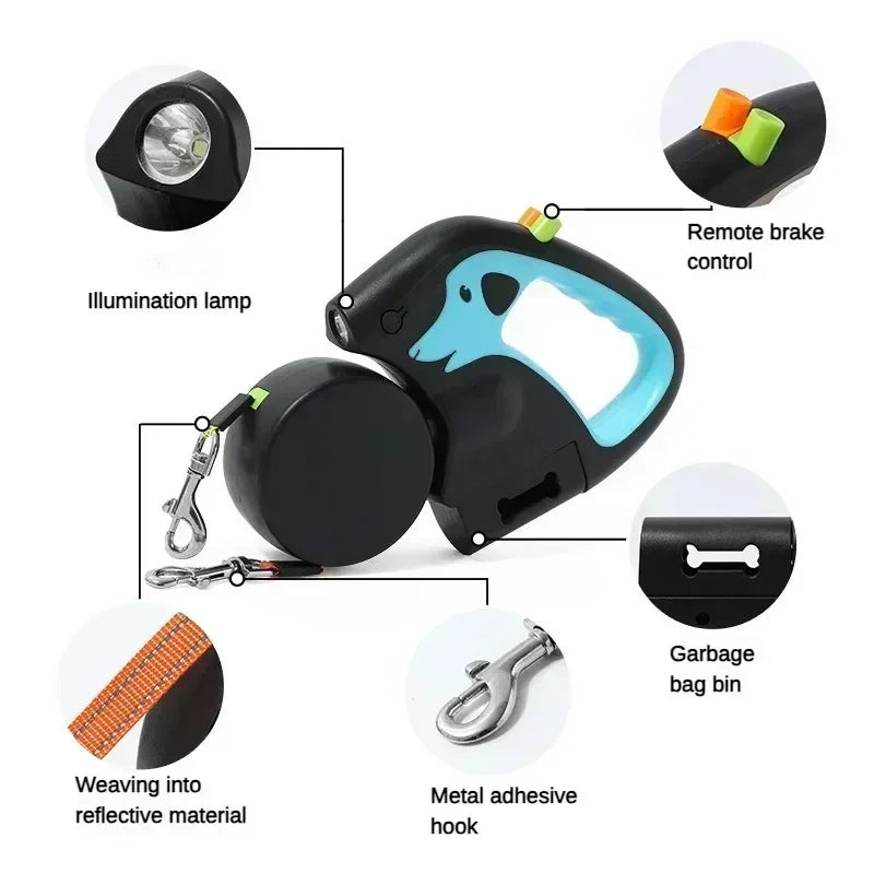 Retractable Double Dog Leash – 360° Swivel No-Tangle Leash with LED Flashlight & Poop Bag Holder