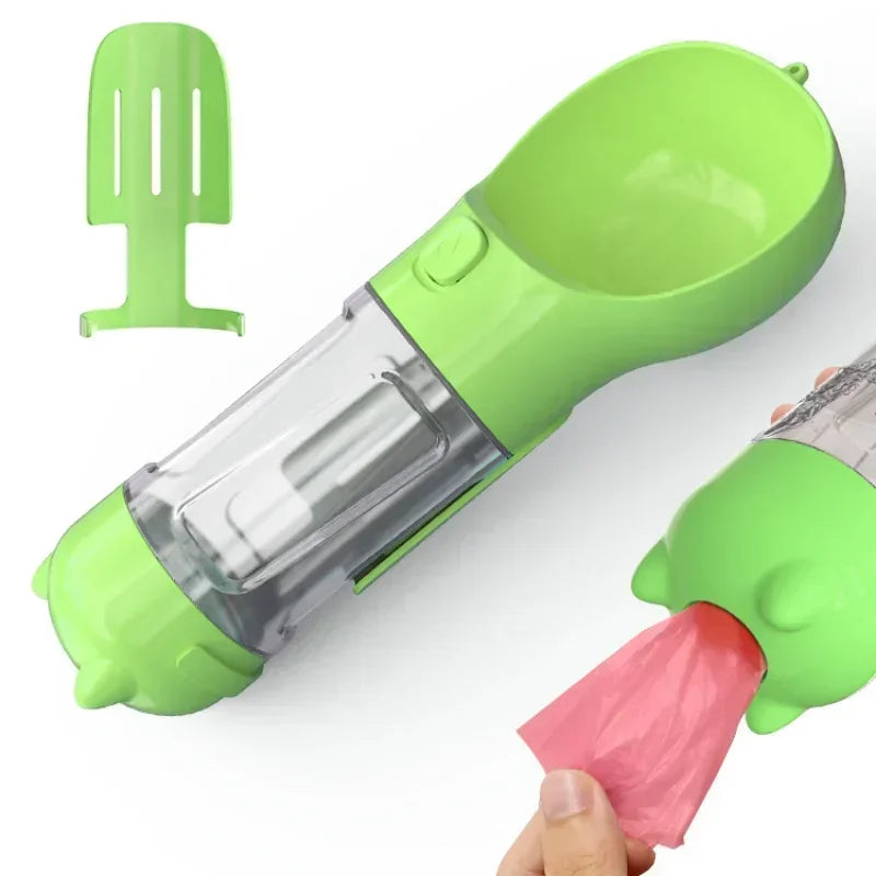 3-in-1 Portable Dog and Cat Water Bottle Feeder – Multifunctional Pet Drinking Bowl with Poop Bag & Shovel