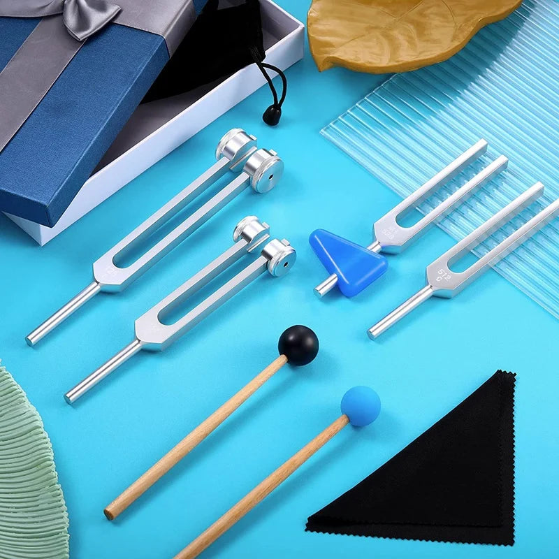 4-Pack Tuning Fork Set (128Hz, 256Hz, 512Hz, 528Hz) with Tuning Fork Hammer - Sound Vibration & Meditation Tool Kit