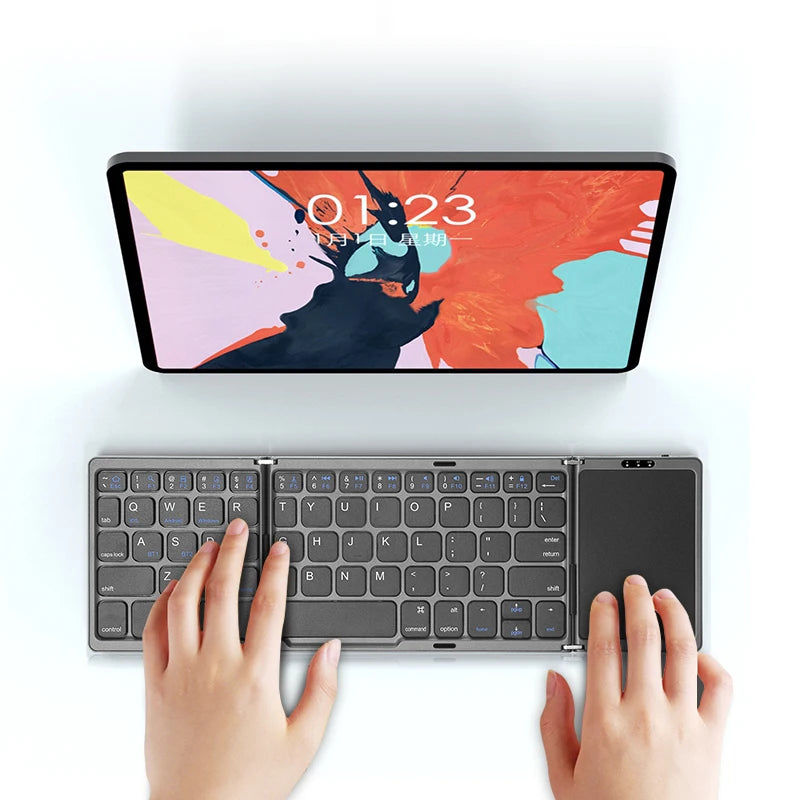 HUWEI Mini Folding Wireless Bluetooth Keyboard with Touchpad – Portable 64-Key Rechargeable Keyboard for Windows, Android, iOS, Russian, Spanish, Arabic, Hebrew, Portuguese