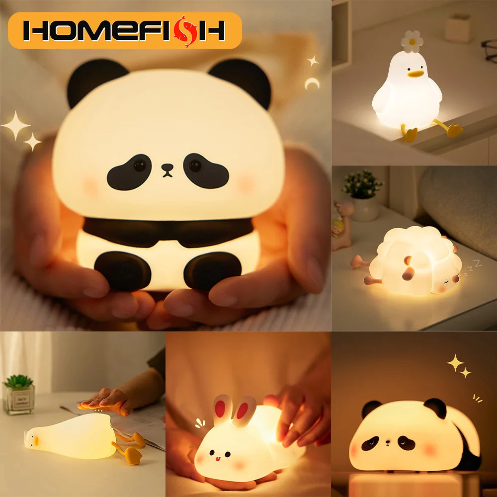 USB rechargeable cute animal LED night light shaped like a panda and rabbit for kids’ bedside lamp