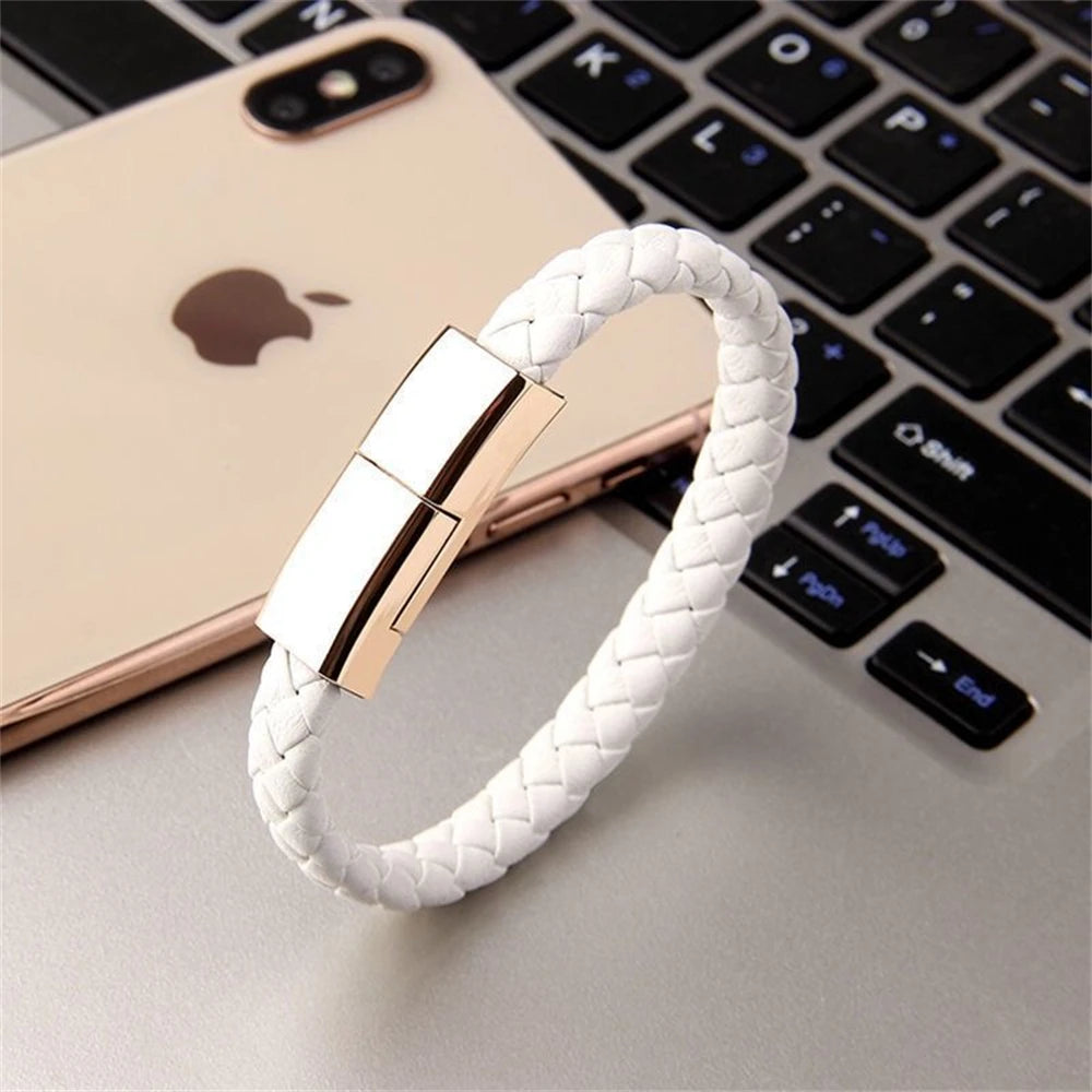 Leather Charging Cable Bracelet – USB Data Cable Wristband for Android & iPhone
