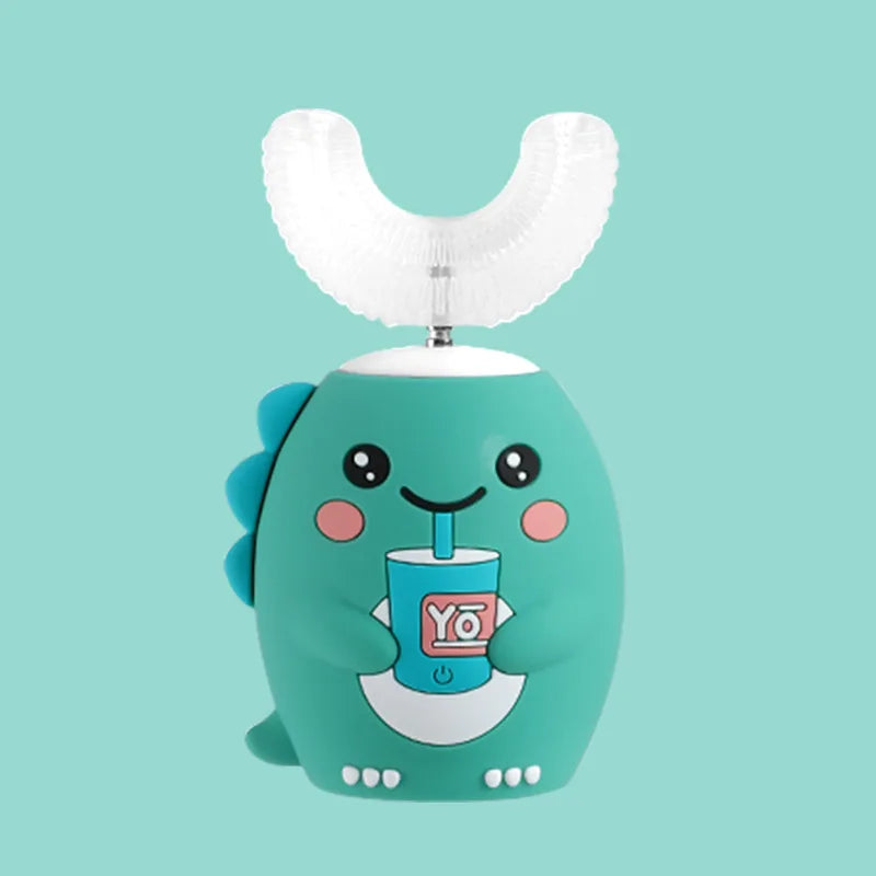 Spazzolino elettrico sonico a 360° a forma di U ricaricabile per bambini, spazzolino automatico in silicone, timer intelligente, luce blu IPX7