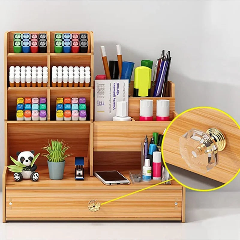Wooden Desk Organizer with Drawer – Large Capacity Pen & Stationery Holder for Office & Home