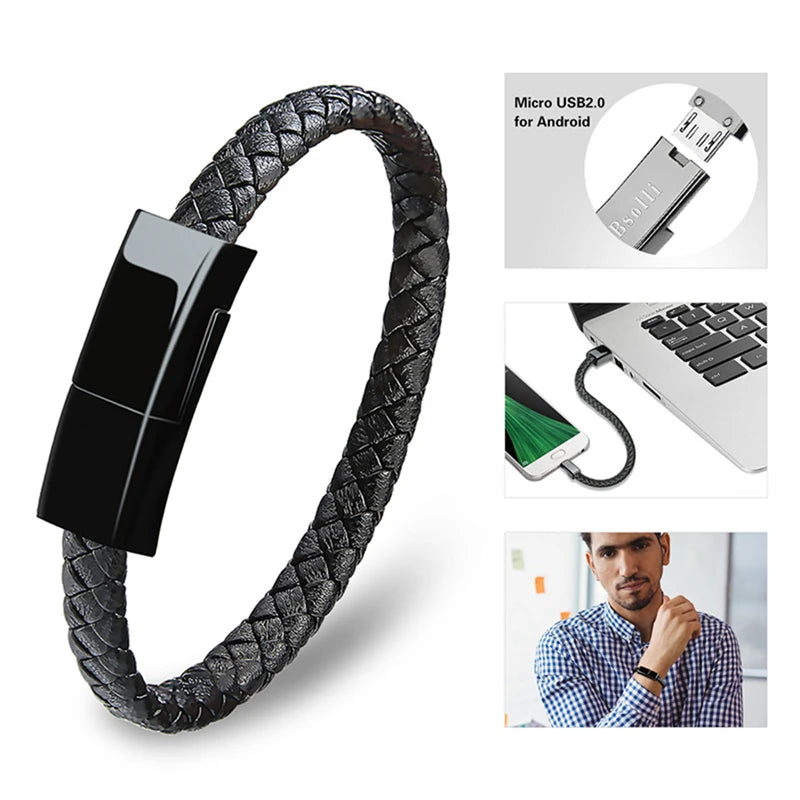 Leather Charging Cable Bracelet – USB Data Cable Wristband for Android & iPhone