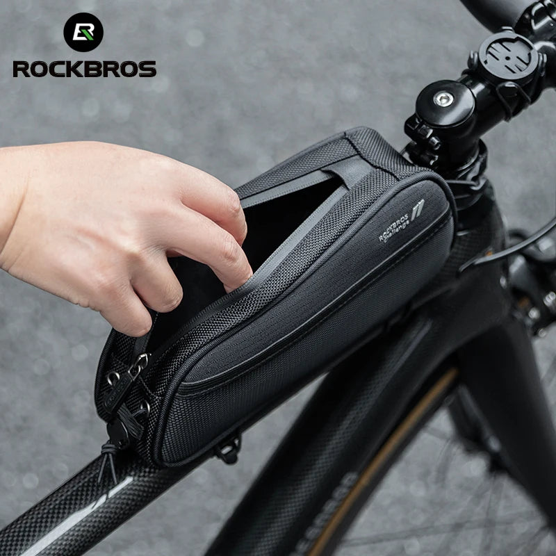 ROCKBROS Waterproof Bicycle Top Tube Bag 1.3L with Headphone Port and Reflective Logo for MTB and Road Bikes
