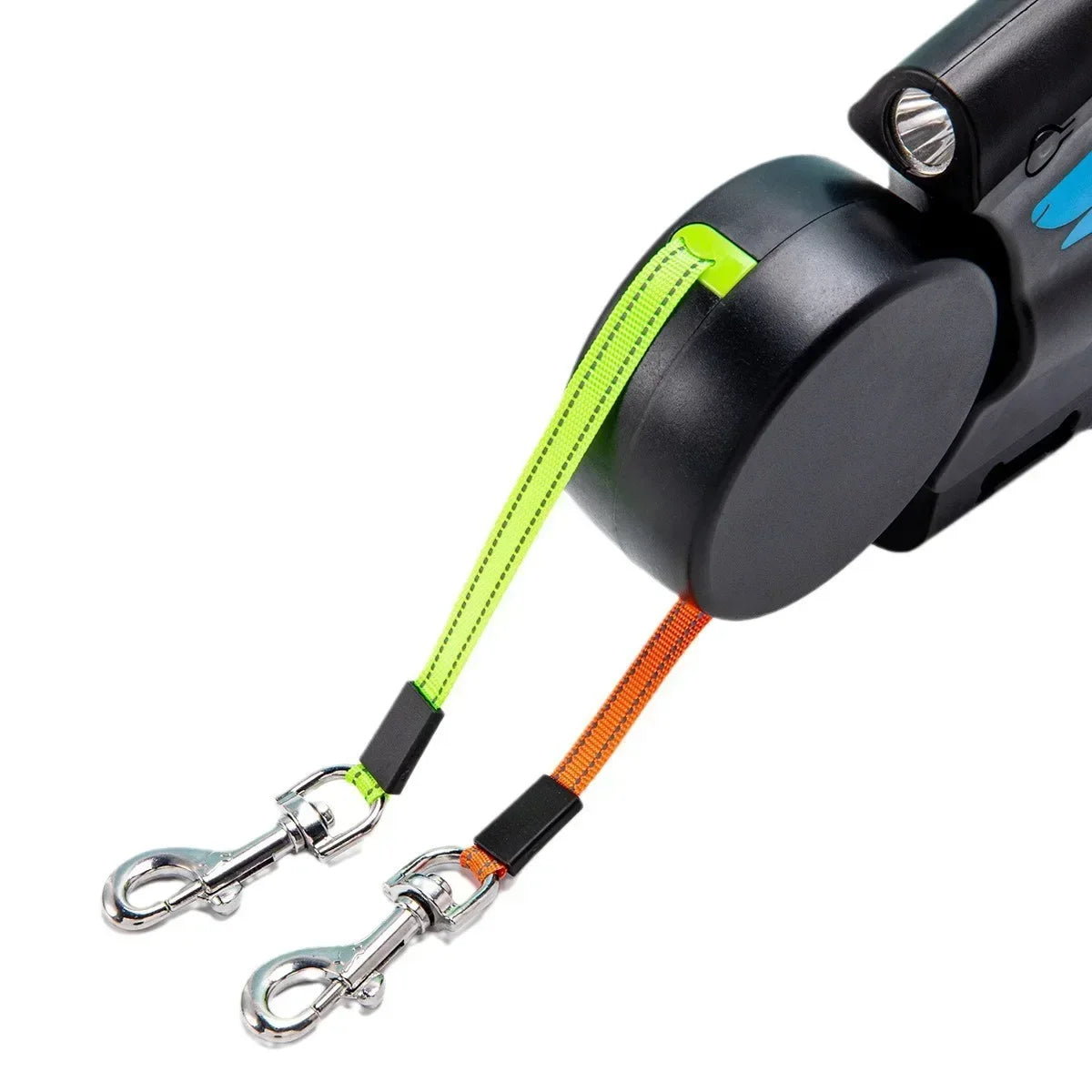 Retractable Double Dog Leash – 360° Swivel No-Tangle Leash with LED Flashlight & Poop Bag Holder