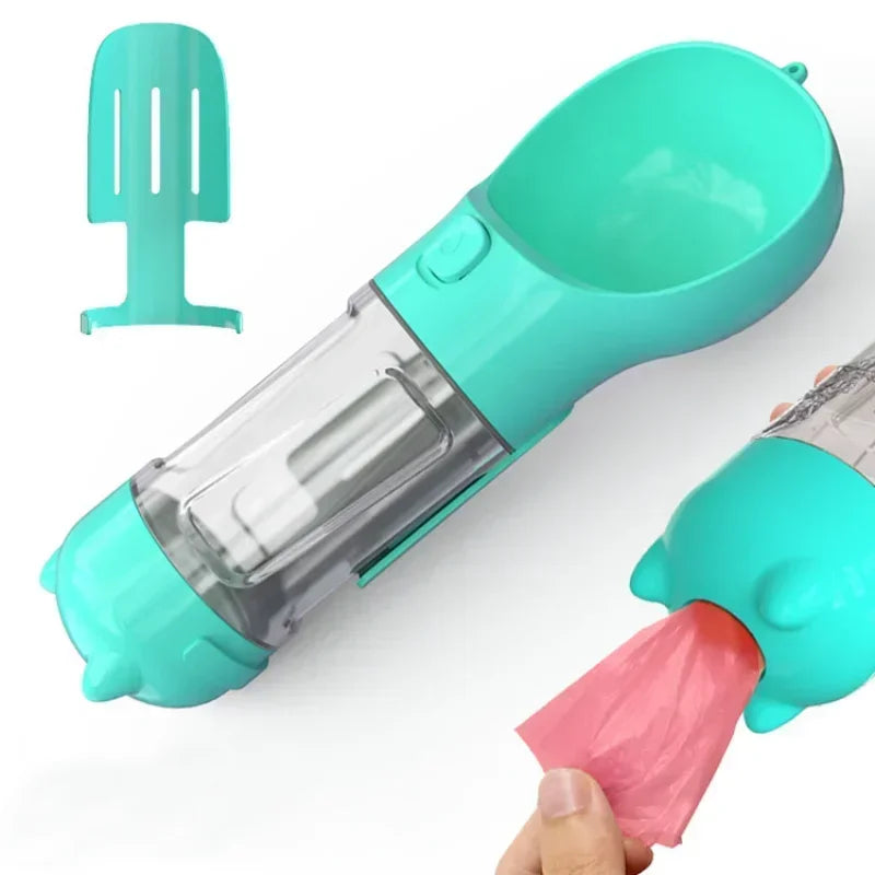 Portable 3-in-1 dog and cat water bottle with poop bag dispenser and shovel