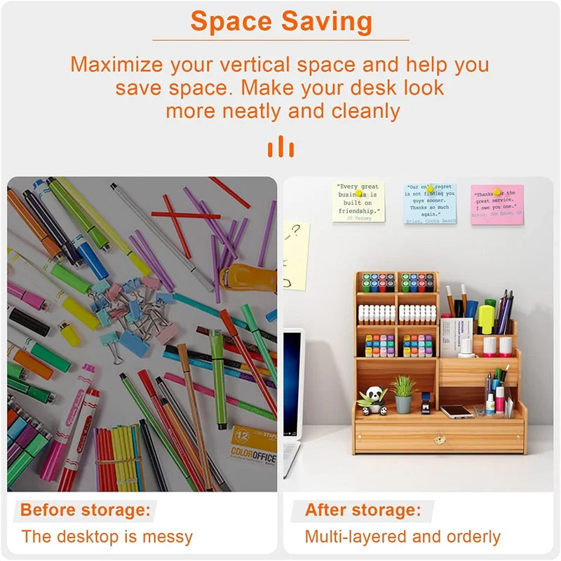 Wooden Desk Organizer with Drawer – Large Capacity Pen & Stationery Holder for Office & Home