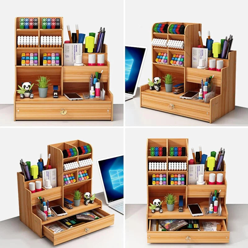 Wooden Desk Organizer with Drawer – Large Capacity Pen & Stationery Holder for Office & Home