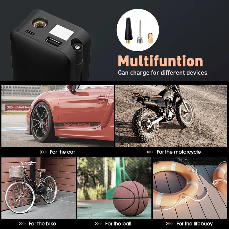 CARSUN Pompa d'aria ricaricabile per gonfiaggio pneumatici Compressore portatile digitale senza fili per gonfiaggio pneumatici auto per biciclette